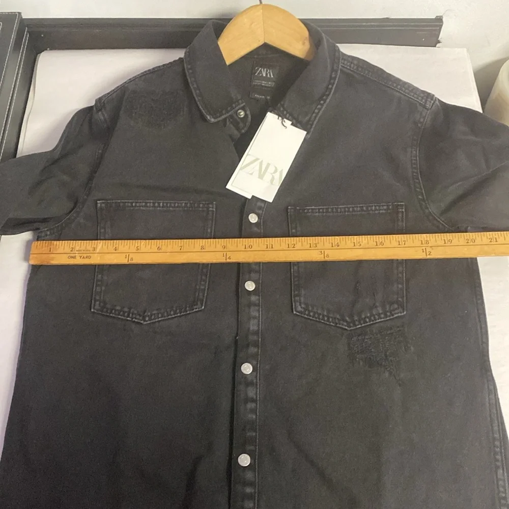 Zara Man Jacket Men Meduim Black Button Down Distressed Relaxed Fit Trucker